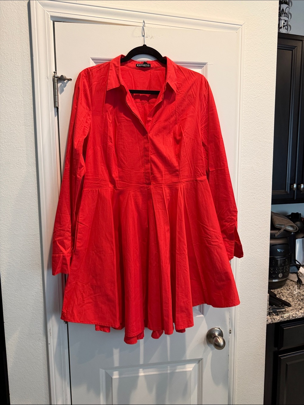Express Red Long-Sleeve Fit & Flare Shirt Dress